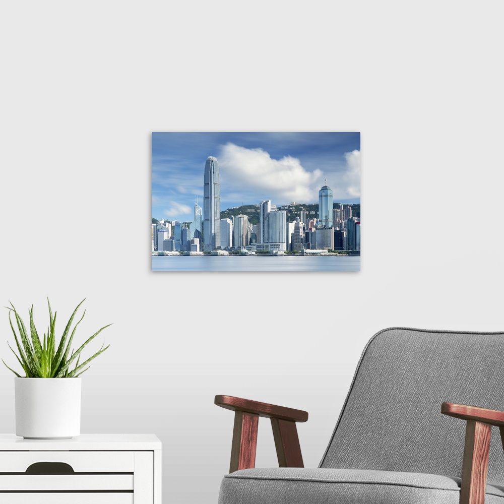 A modern room featuring Skyline of Hong Kong Island, Hong Kong, China.
