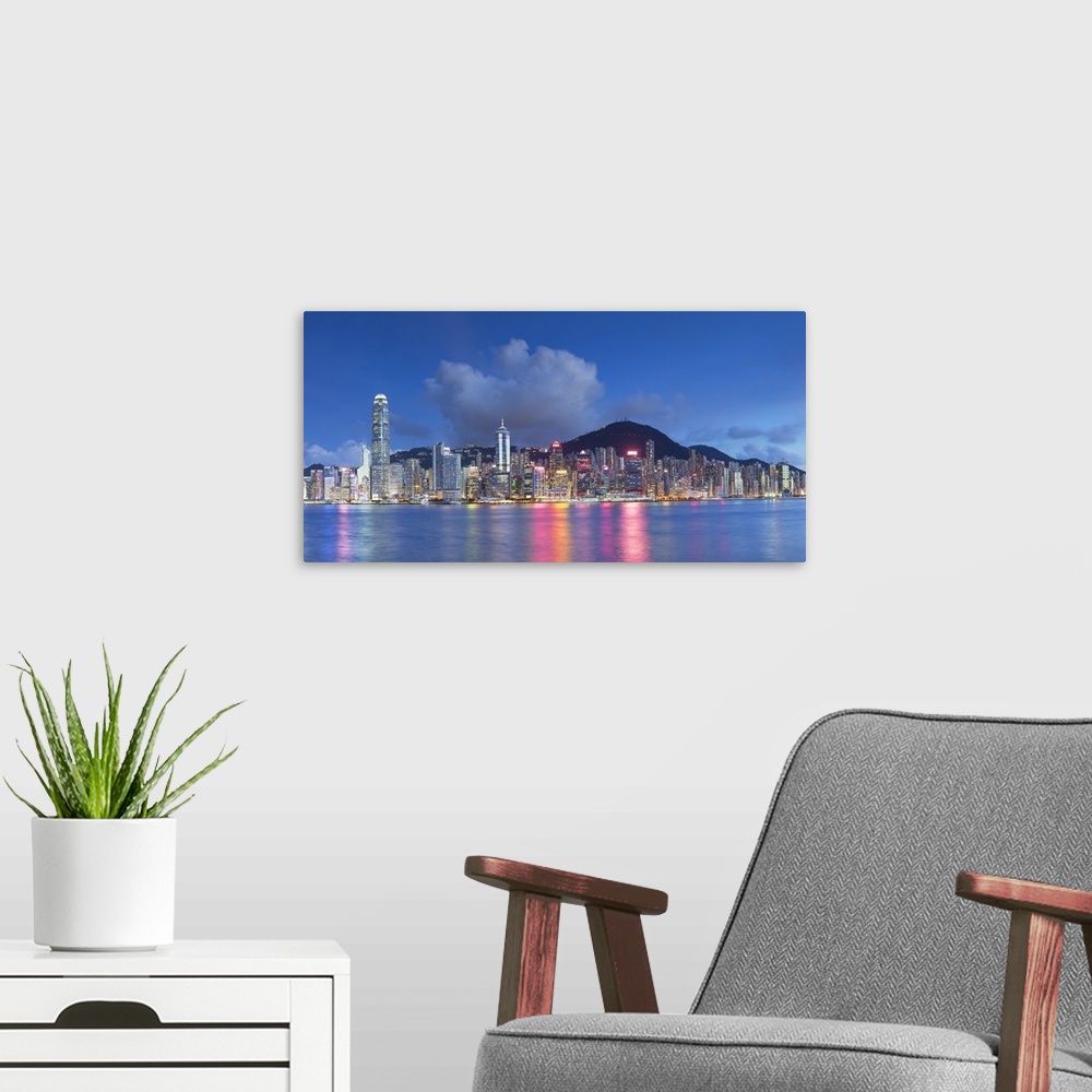 A modern room featuring Skyline of Hong Kong Island, Hong Kong, China.