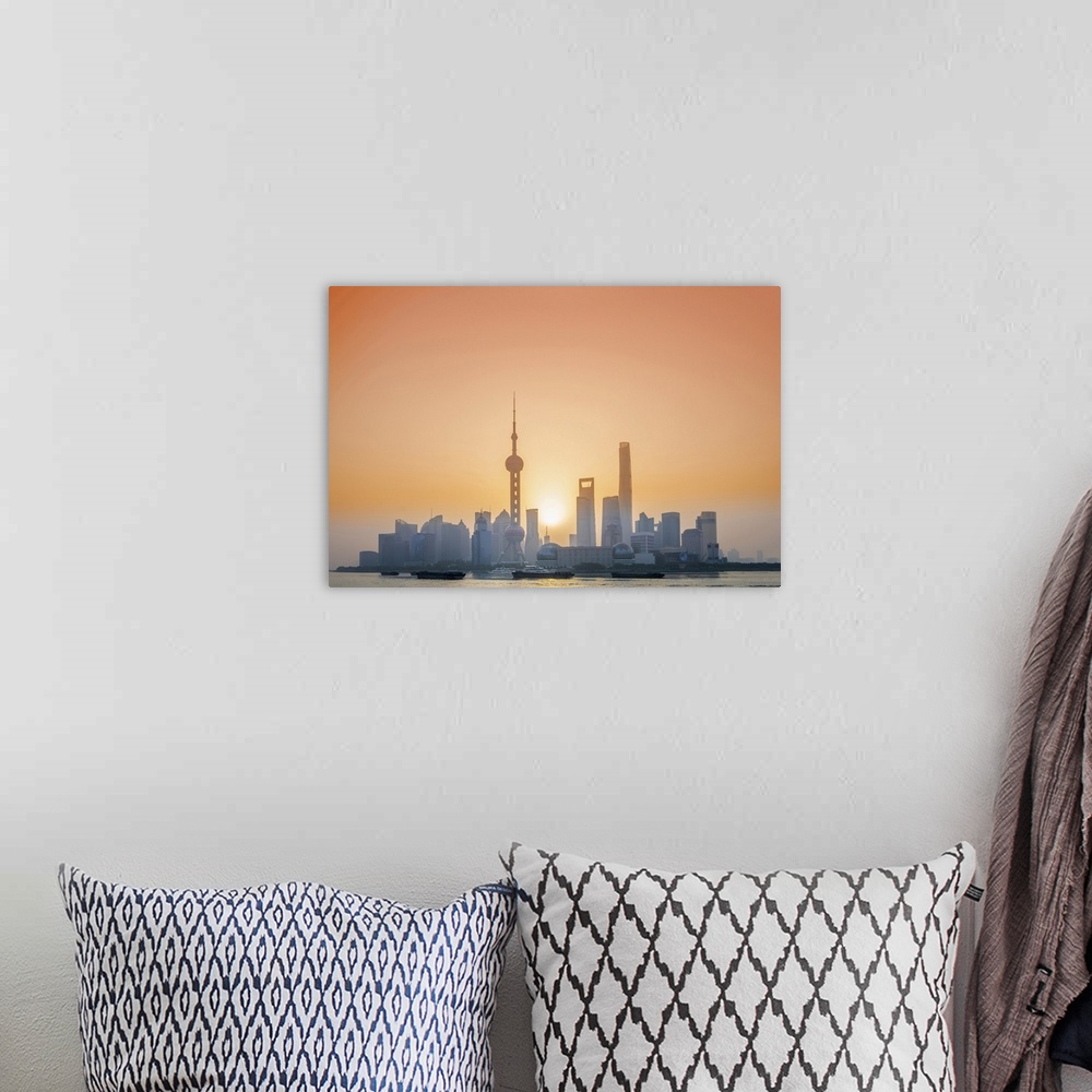 A bohemian room featuring Asia, China, Shanghai municipality, Shanghai city, sunrise shot showing the skyline of Pudong, wi...