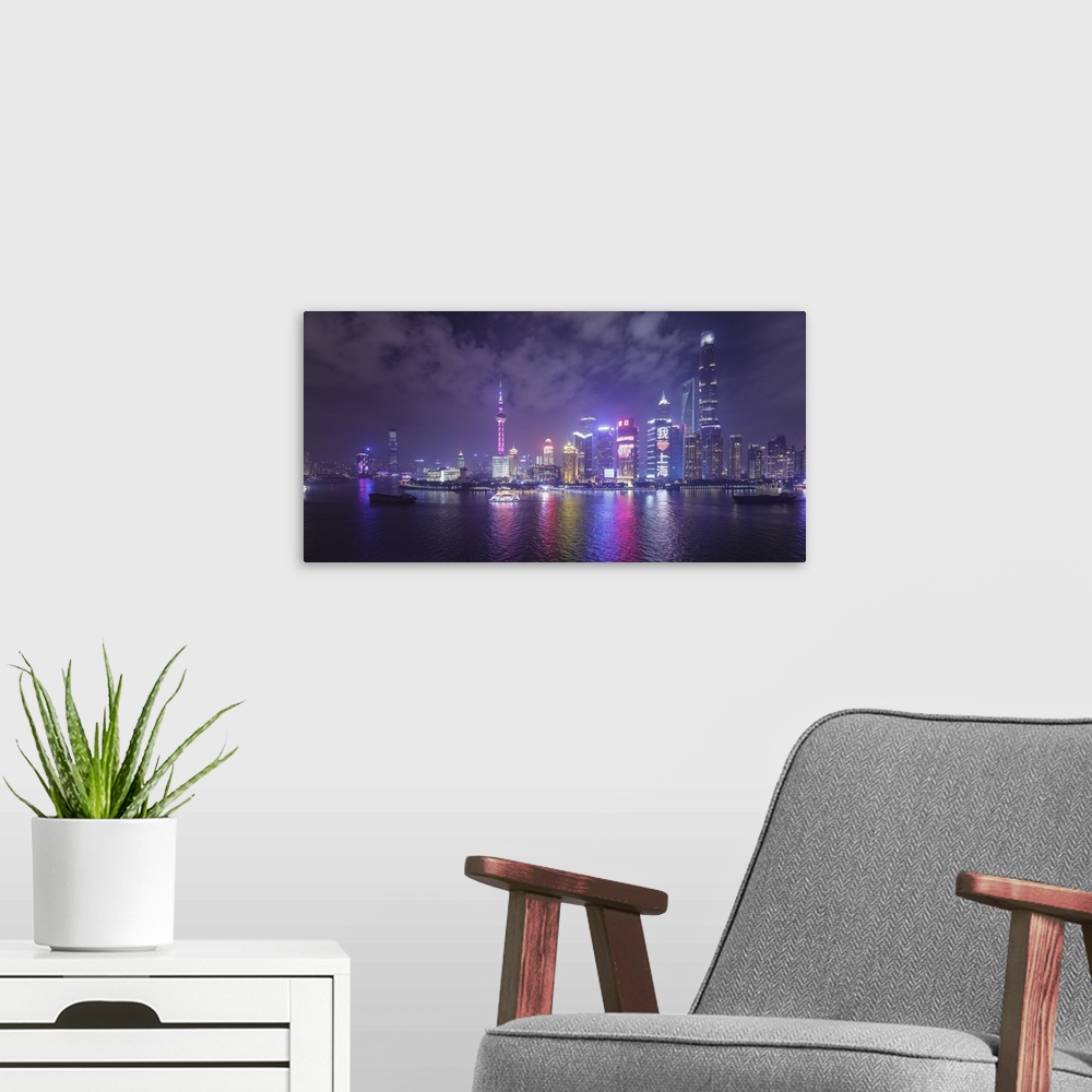 A modern room featuring Skyline of Pudong from The Bund, Shanghai, China.
