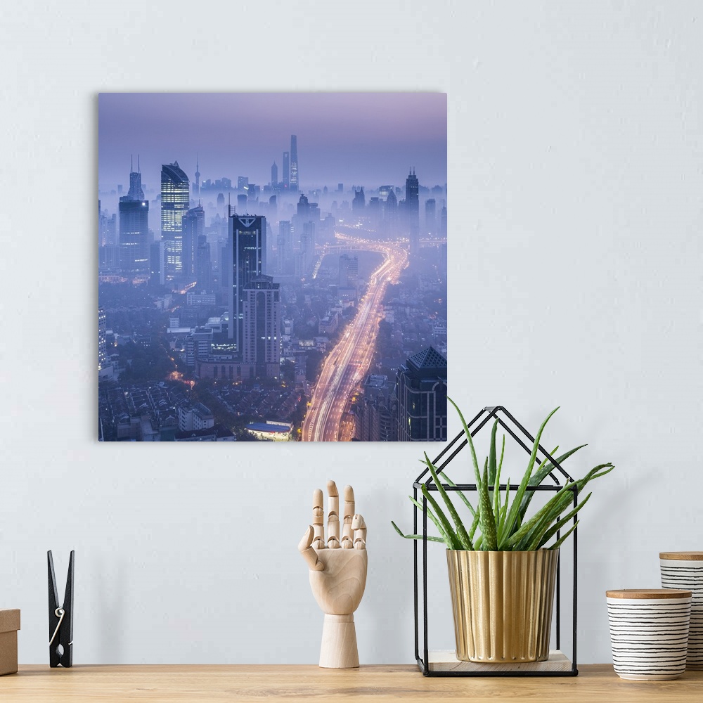 A bohemian room featuring Skyline of Shanghai from Jing'An on a foggy November morning, China.