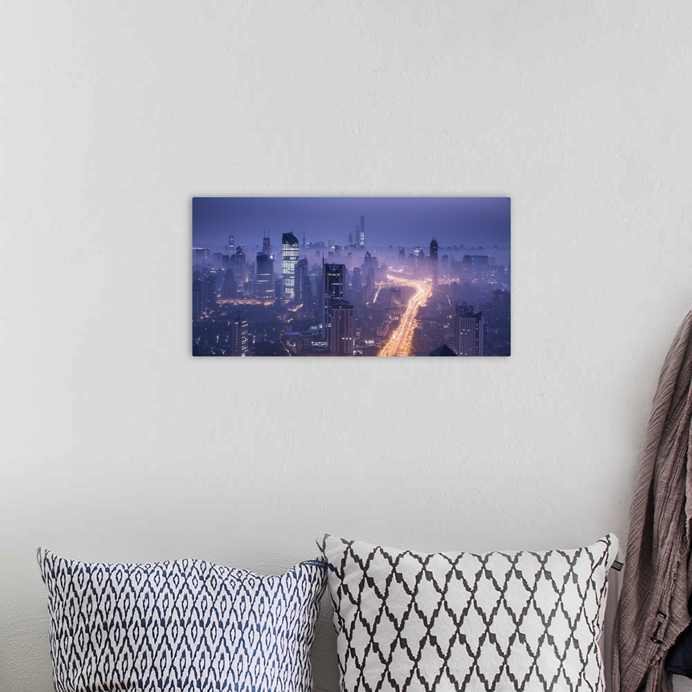 A bohemian room featuring Skyline of Shanghai from Jing'An on a foggy November morning, China.