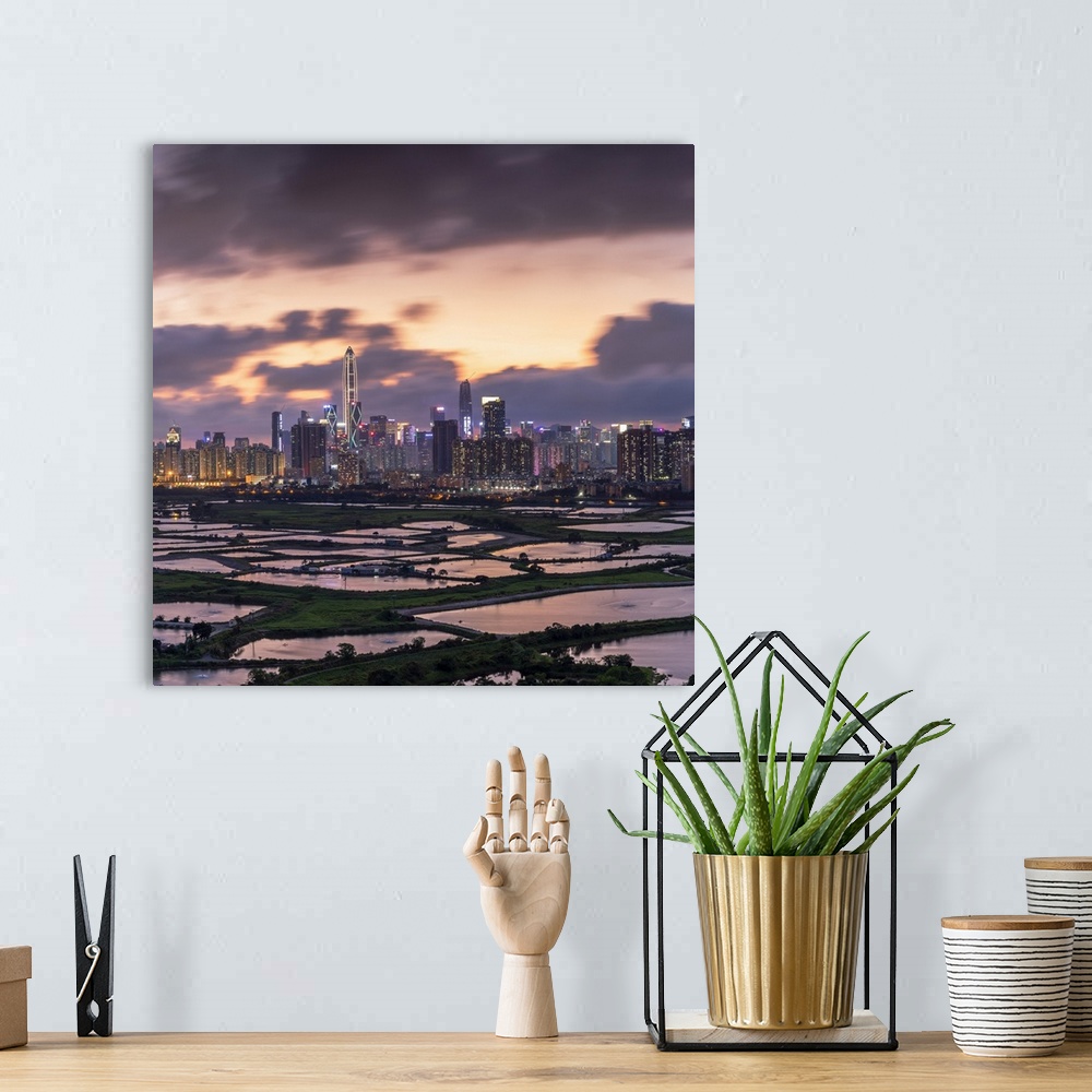 A bohemian room featuring Skyline of Shenzhen from Sheung Shui at sunset, New Territories, Hong Kong