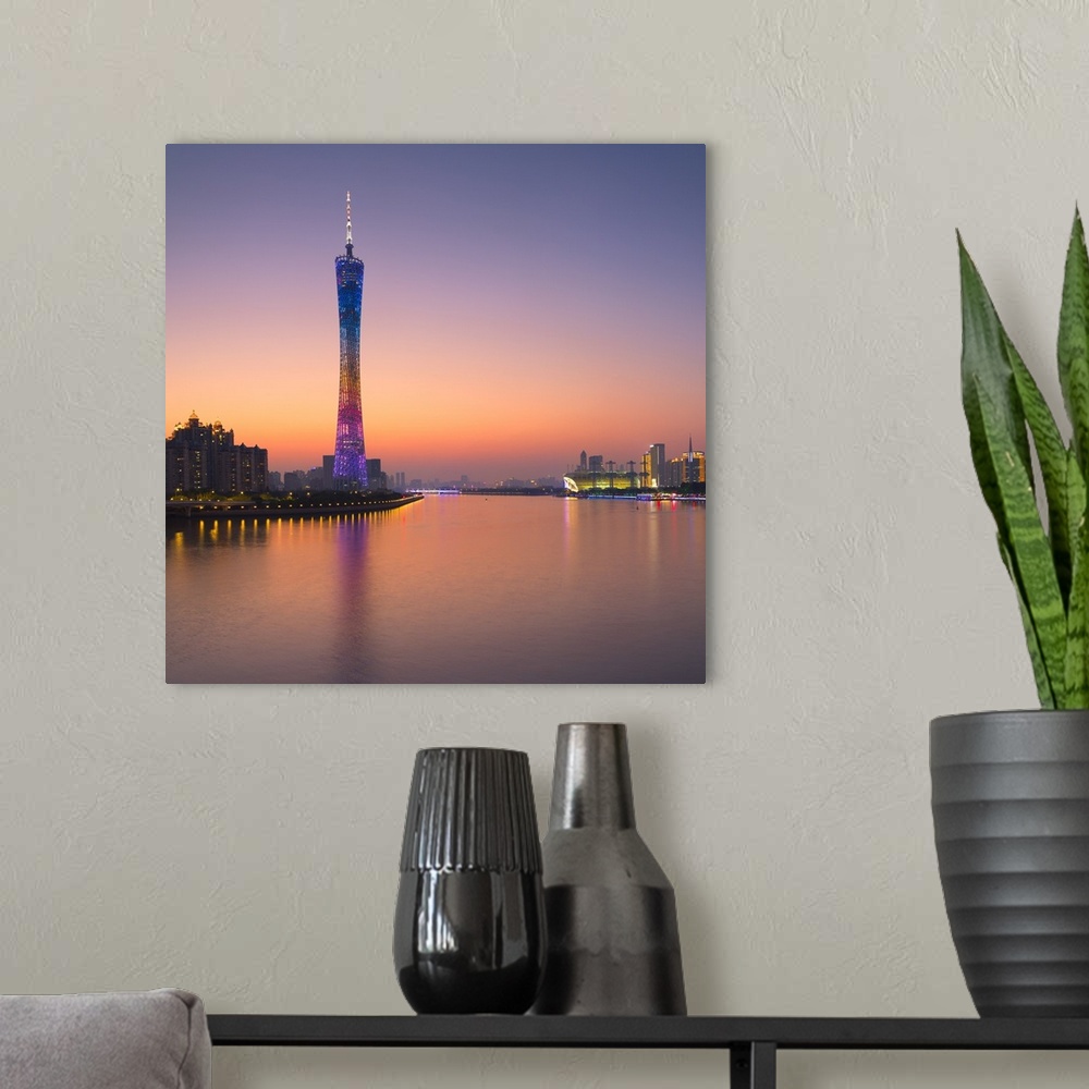 A modern room featuring Skyline of Tianhe at sunset, Guangzhou, Guangdong, China.