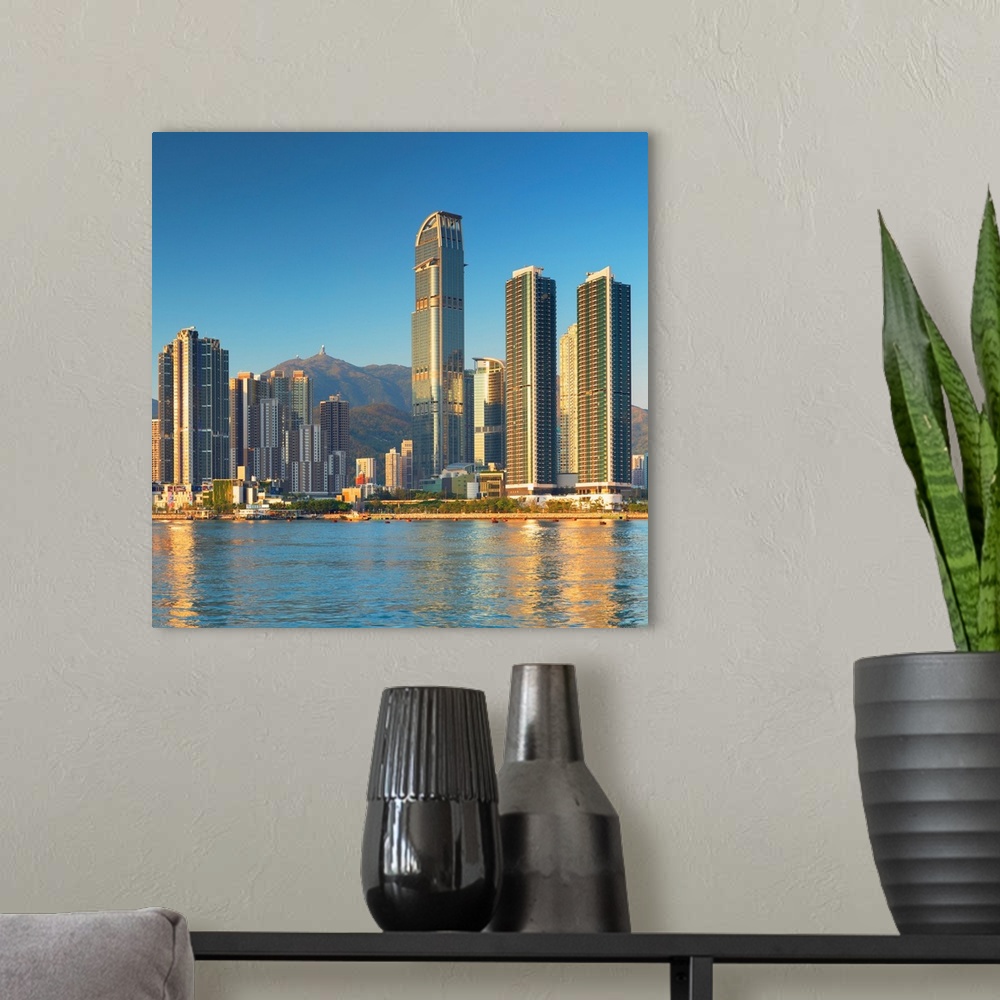A modern room featuring Skyline of Tsuen Wan with Nina Tower, Tsuen Wan, Hong Kong, China.