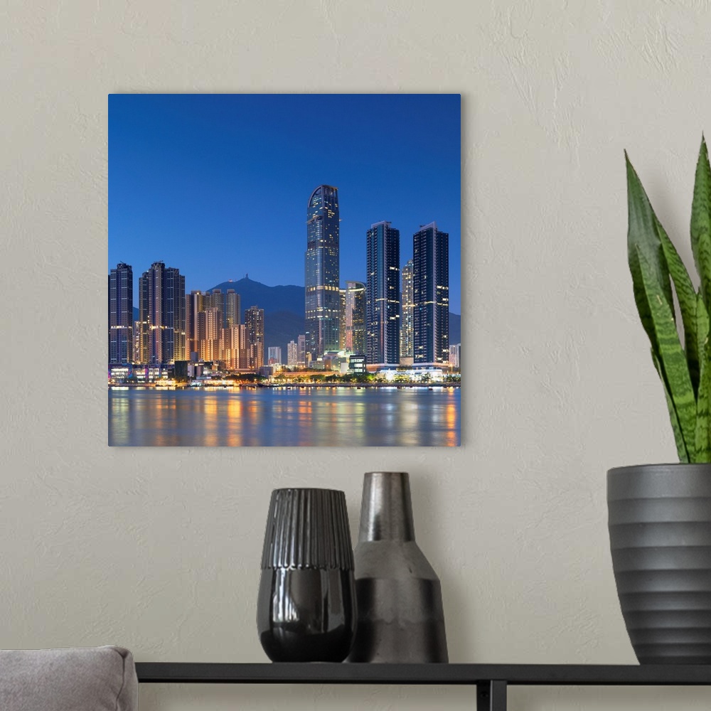 A modern room featuring Skyline of Tsuen Wan with Nina Tower, Tsuen Wan, Hong Kong, China.