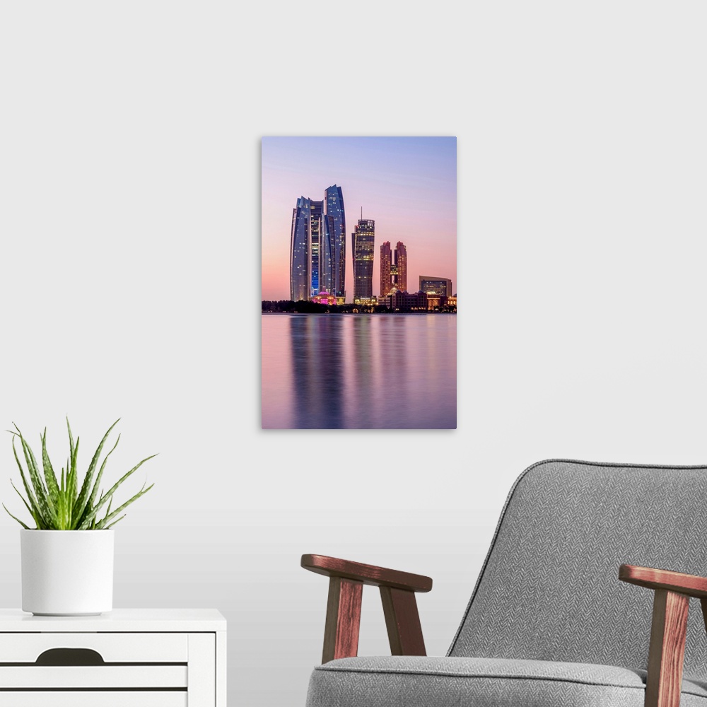 A modern room featuring Skyline With Etihad Towers At Dawn, Abu Dhabi, United Arab Emirates