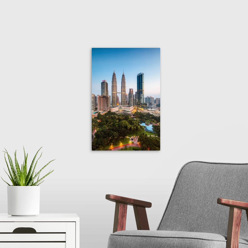 A modern room featuring Skyline with KLCC and Petronas towers, Kuala Lumpur, Malaysia.