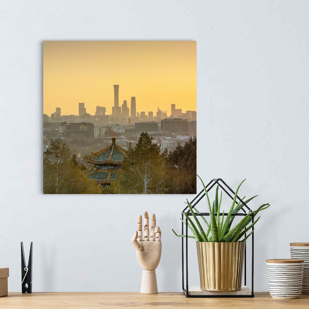 A bohemian room featuring Skyscrapers of Chaoyang business district from Jingshan Park at sunrise, Beijing, China
