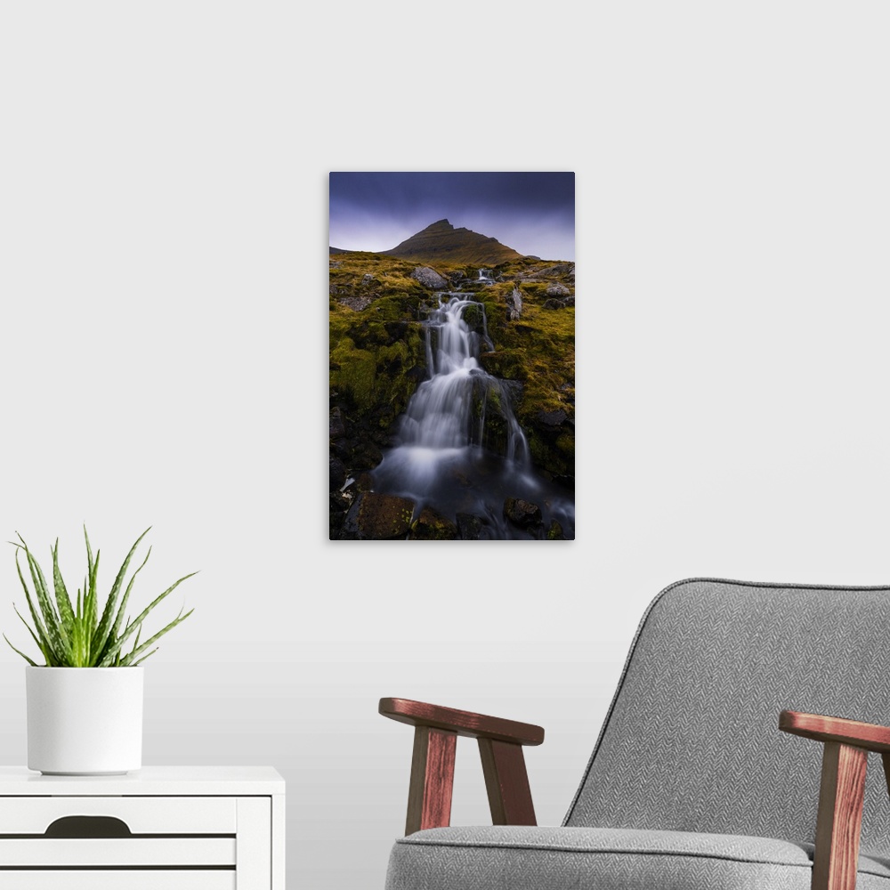 A modern room featuring Slaettaratindur mountain and waterfall near Gjogv, Sunda municipality, Eysturoy, Faroe Islands, D...