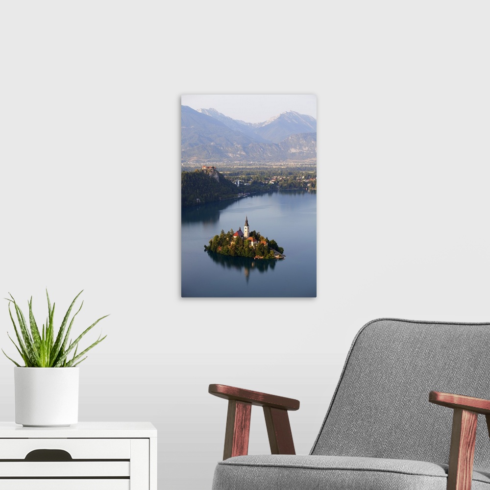 A modern room featuring Slovenia, Julian Alps, Upper Carniola, Lake Bled. Aerial view of the island on Lake Bled.