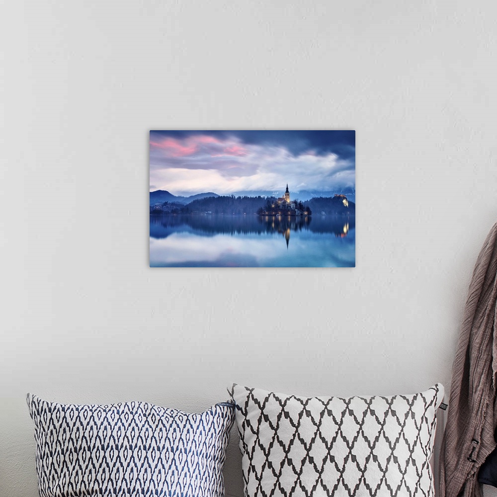 A bohemian room featuring Europe, Slovenia, Upper Carniola. The lake of Bled at dawn.