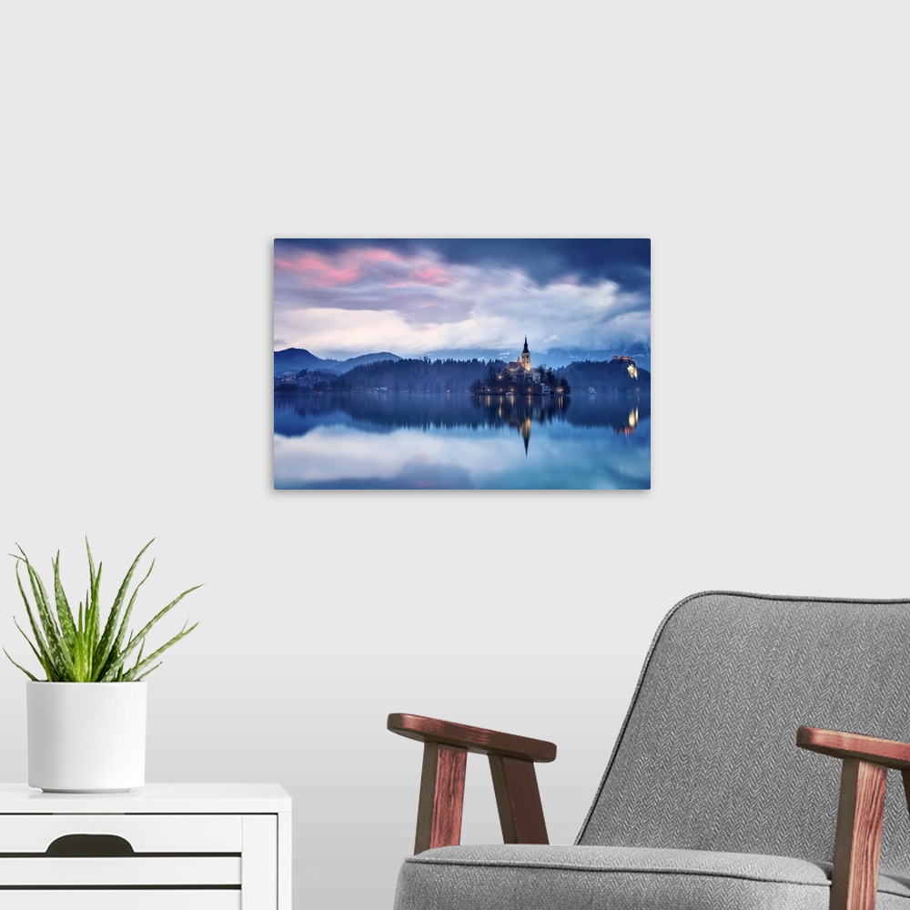 A modern room featuring Europe, Slovenia, Upper Carniola. The lake of Bled at dawn.