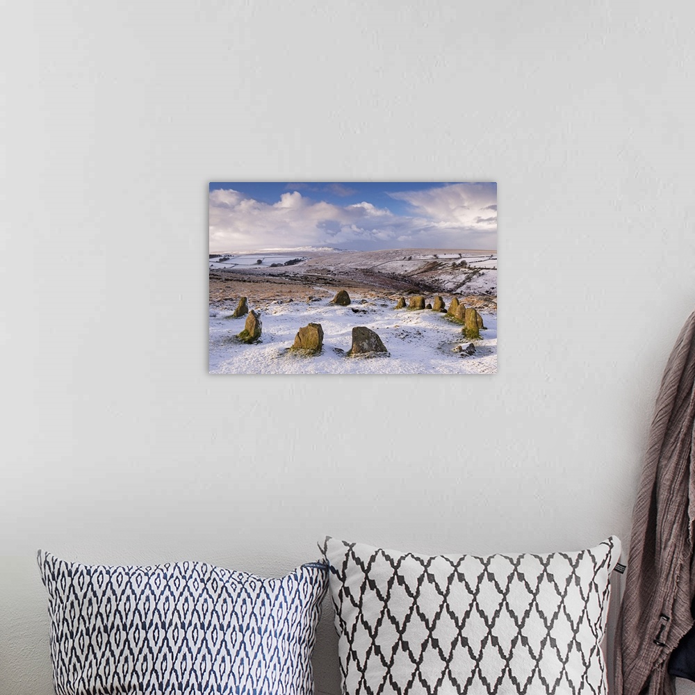 A bohemian room featuring Snow covered Nine Maidens cairn circle on Belstone Common, Dartmoor, Devon, England. Winter, Janu...
