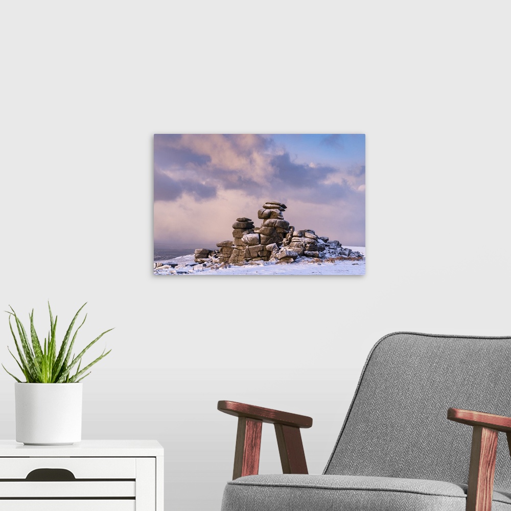 A modern room featuring Snow dusted Great Staple Tor in Dartmoor National Park, Devon, England. Winter