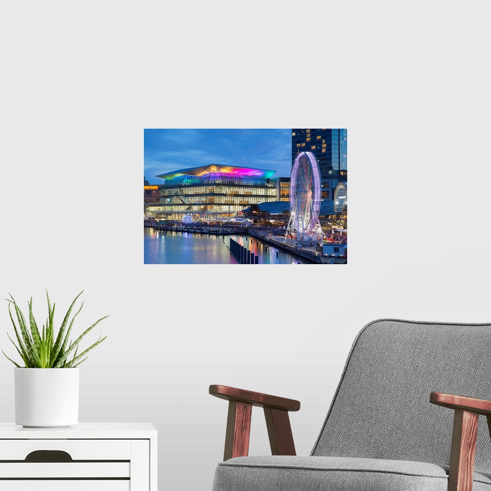 A modern room featuring Sofitel Hotel And International Convention Centre At Dusk, Darling Harbour, Sydney, New South Wal...