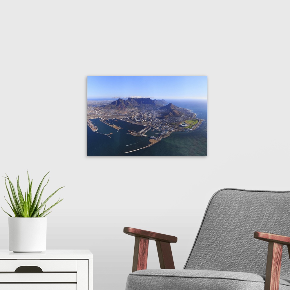 A modern room featuring South Africa, Western Cape, Cape Town, Aerial View of Cape Town and Table Mountain.