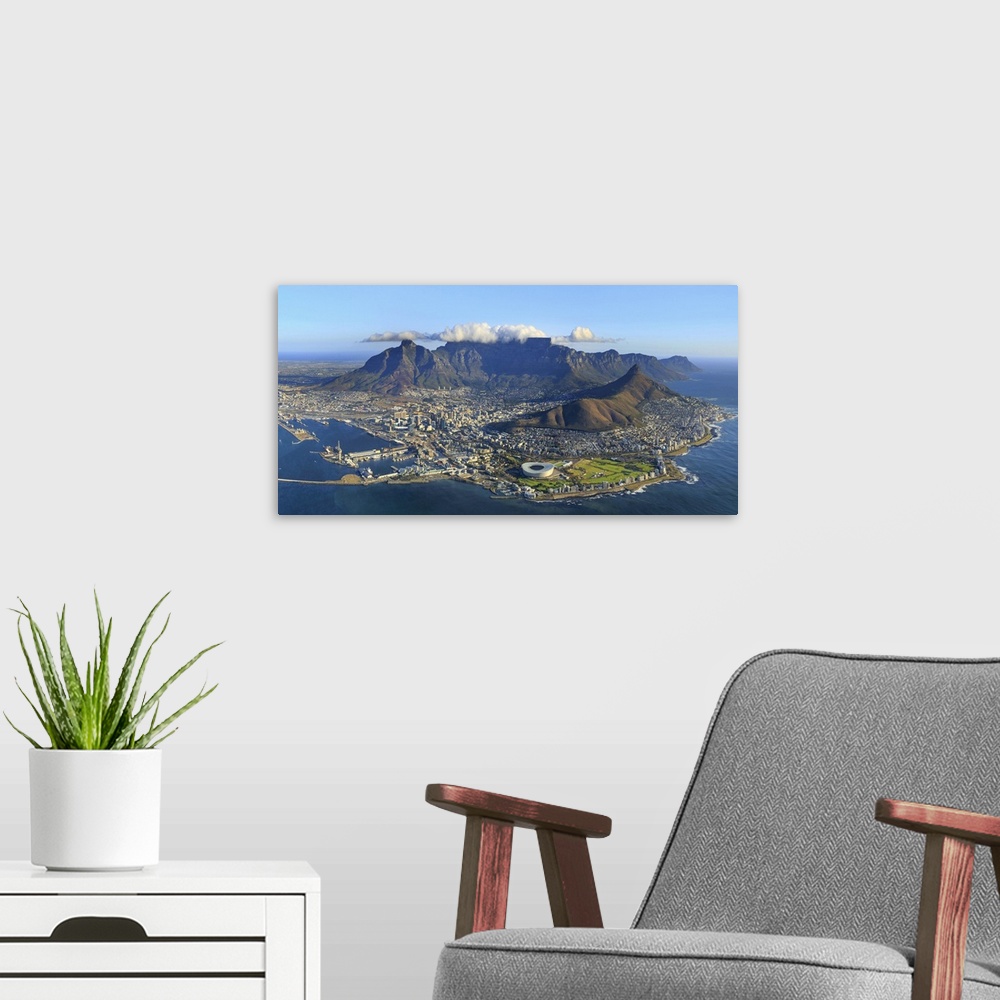 A modern room featuring South Africa, Western Cape, Cape Town, Aerial View of Cape Town and Table Mountain.