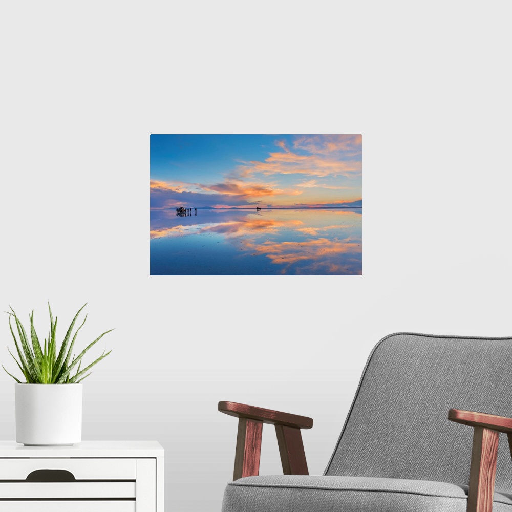 A modern room featuring South America, Andes, Altiplano, Bolivia, Salar de Uyuni at sunset
