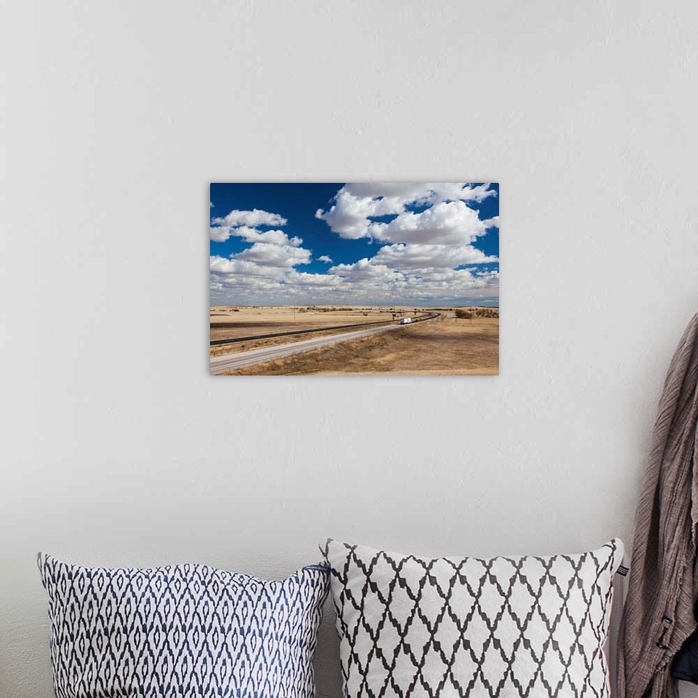 A bohemian room featuring USA, South Dakota, Cactus Flat, elevated view of Interstate highway I-90