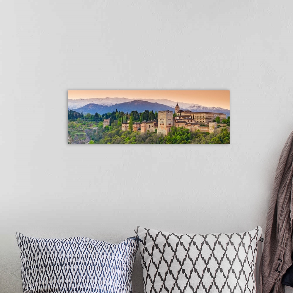 A bohemian room featuring Spain, Andalucia, Granada Province, Granada, Alhambra Palace and Sierra Nevada mountains