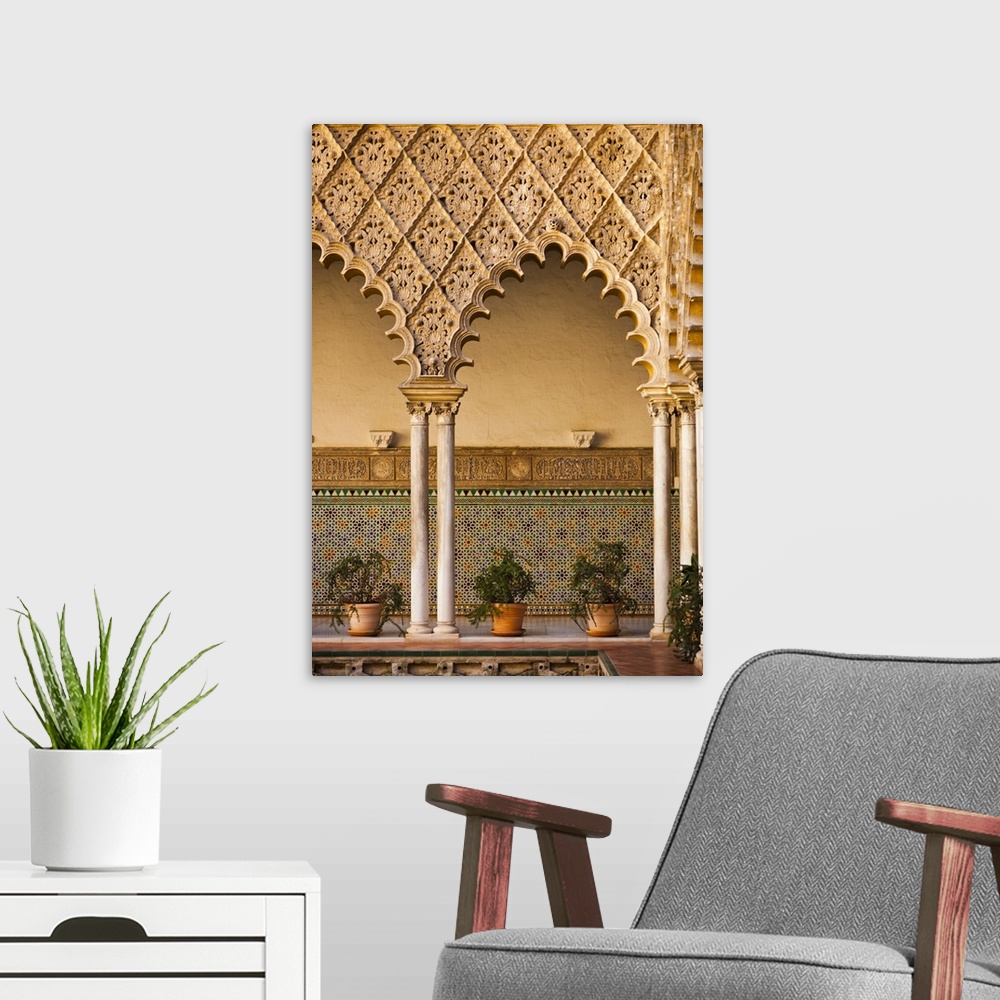 A modern room featuring Spain, Andalucia Region, Seville Province, Seville, The Alcazar, Moorish arches