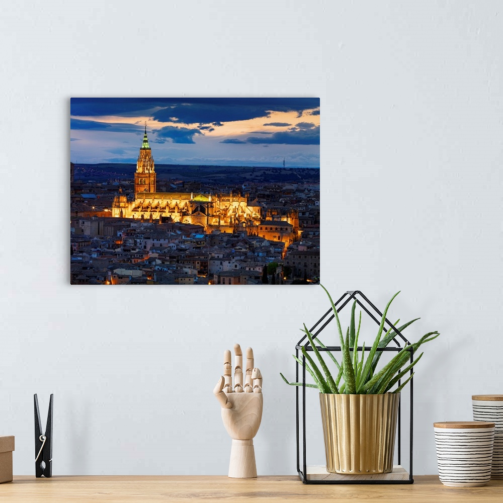 A bohemian room featuring Spain, Castile La Mancha, Toledo, Cathedral of Toledo, Overview of city at dusk, UNESCO World her...