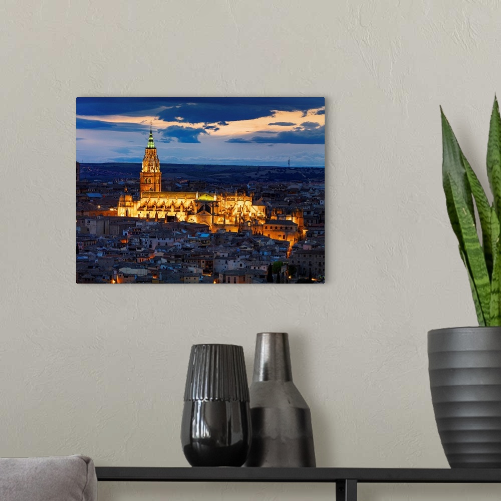 A modern room featuring Spain, Castile La Mancha, Toledo, Cathedral of Toledo, Overview of city at dusk, UNESCO World her...