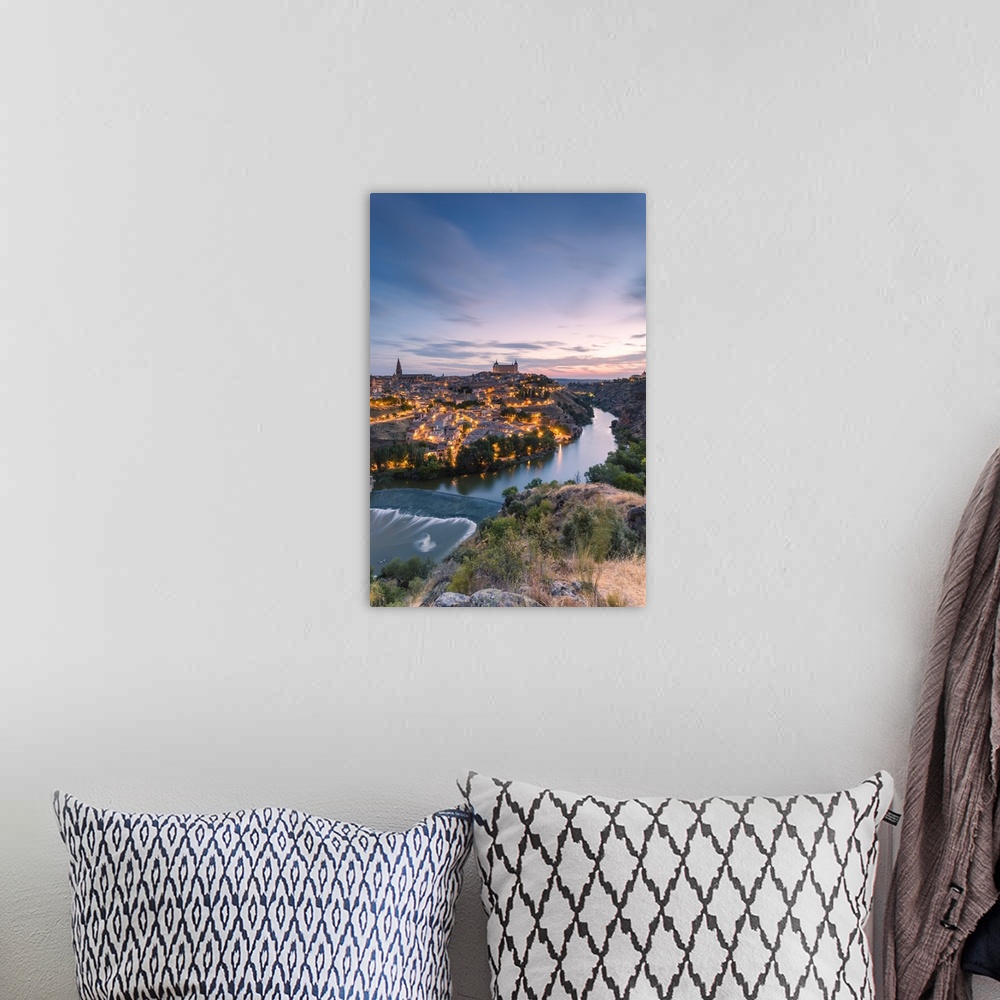 A bohemian room featuring Spain, Castile...La Mancha, Toledo. City and river Tagus at sunrise, high angle view
