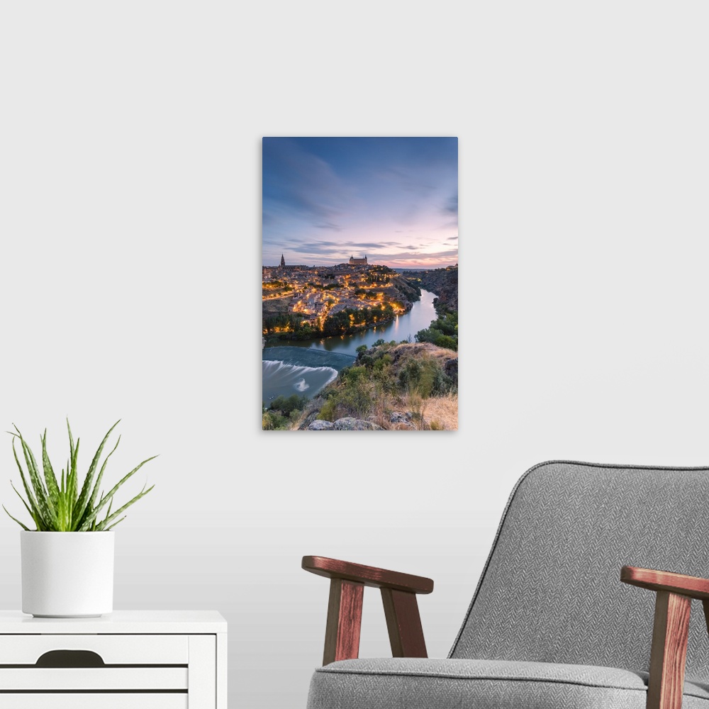 A modern room featuring Spain, Castile...La Mancha, Toledo. City and river Tagus at sunrise, high angle view