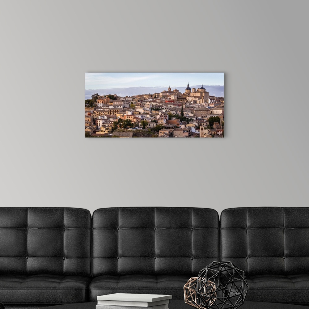 A modern room featuring Spain, Castilla-La Mancaha, Toledo, View of old town from the "Mirador del Valle" viewpoint.
