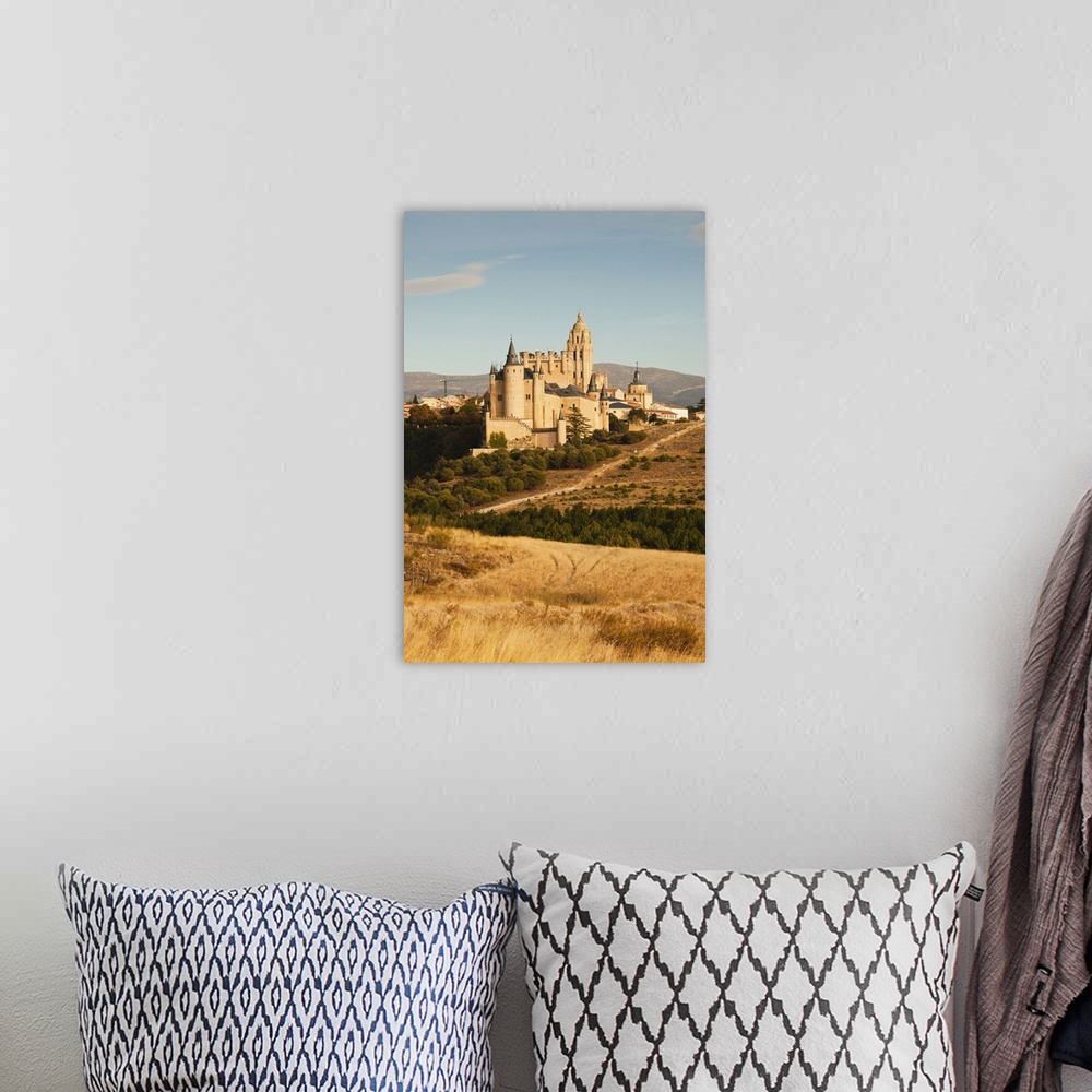 A bohemian room featuring Spain, Castilla y Leon Region, Segovia Province, Segovia, elevated town view with Segovia Cathedr...