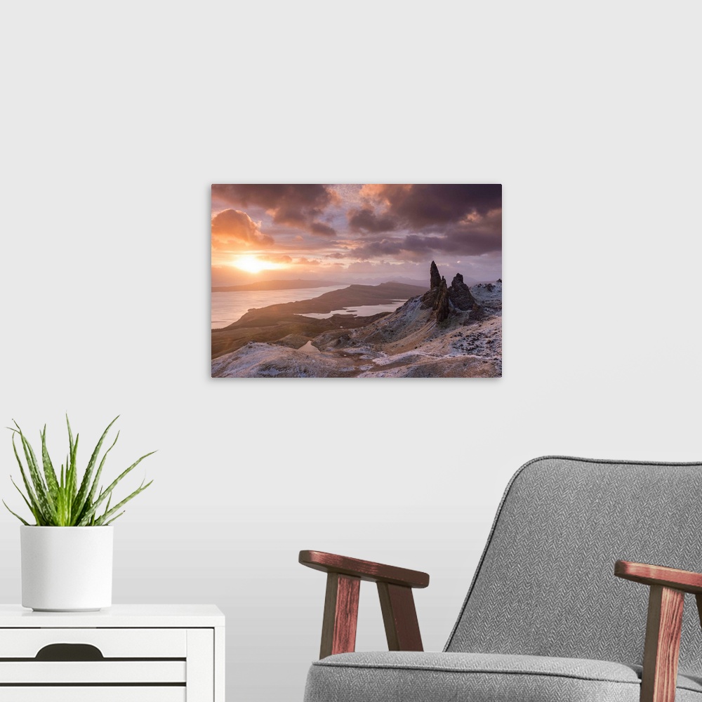 A modern room featuring Spectacular sunrise over the Old Man of Storr, Isle of Skye, Scotland. Winter (December)