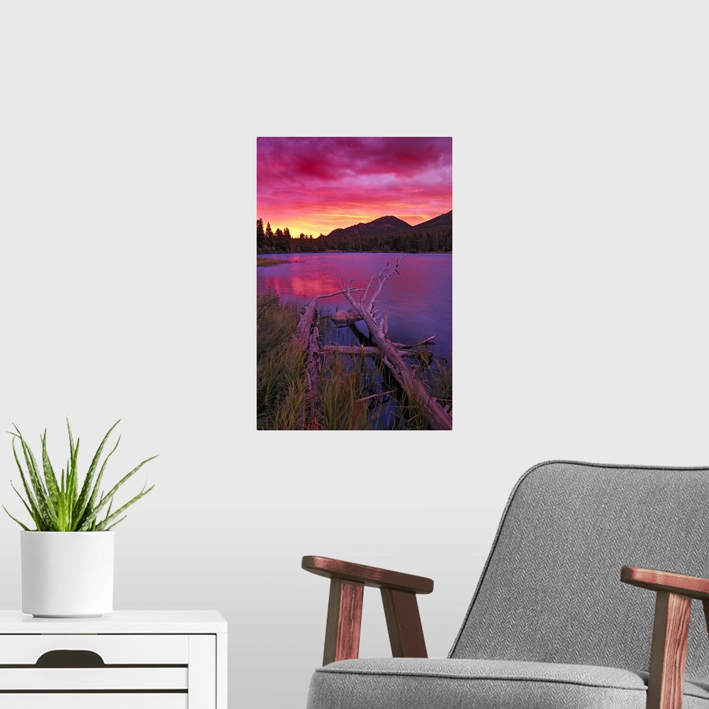 A modern room featuring Sprague Lake at sunrise in the Rocky Mountain National Park, Colorado, USA