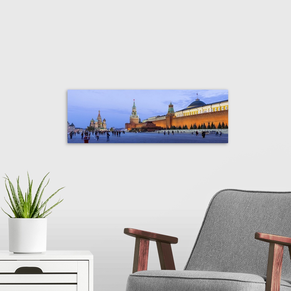 A modern room featuring St Basils Cathedral and the Kremlin in Red Square, Moscow, Russia.