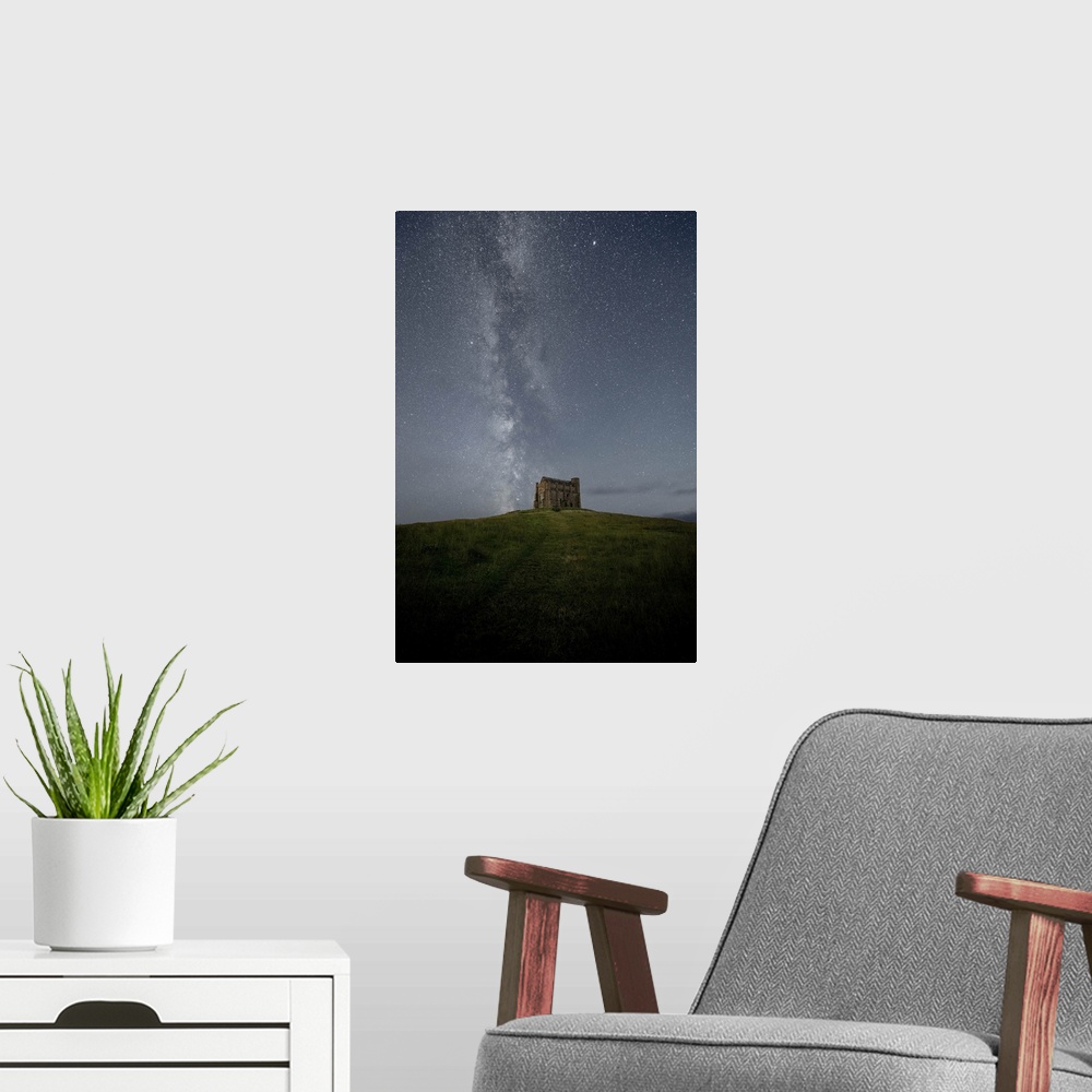 A modern room featuring St, Catherine's Chapel under the Milky Way, Abbotsbury, Dorset, England, UK.