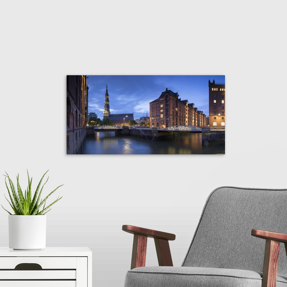 A modern room featuring St Katharinen Church and warehouses of Speicherstadt (UNESCO World Heritage Site), Hamburg, Germany.