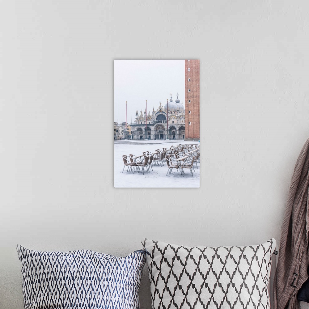 A bohemian room featuring St Mark's Square Covered With Snow, Venice, Veneto, Italy.