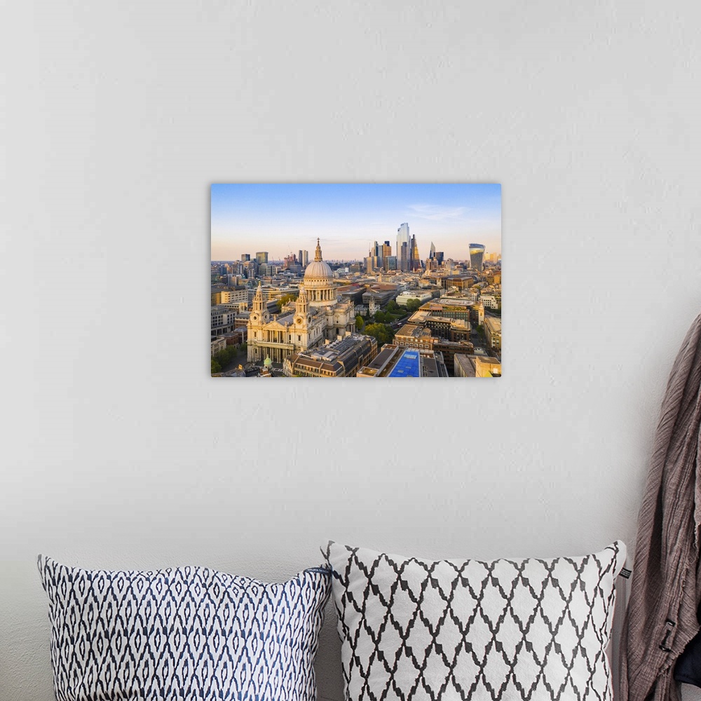 A bohemian room featuring St. Pauls Cathedral and city of London, bathing in the afternoon light, London, England, UK