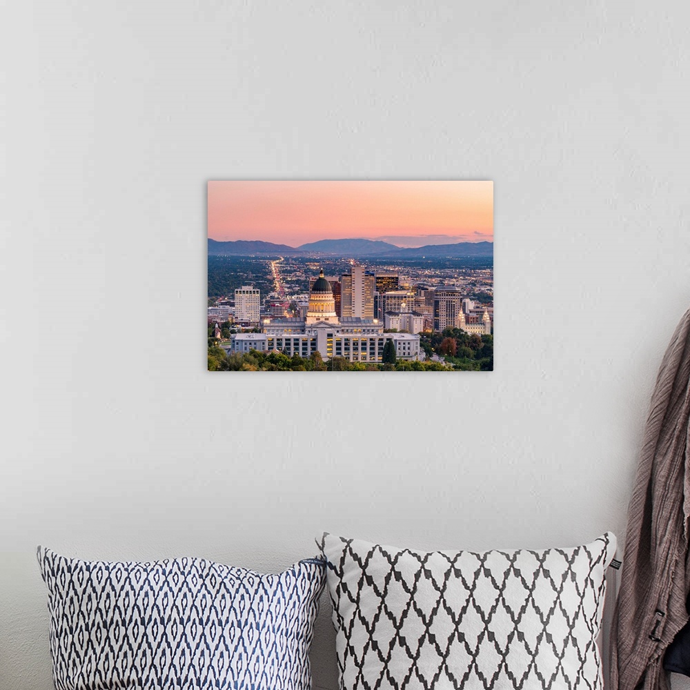 A bohemian room featuring State Capital building and skyline of Salt Lake City, Utah, USA.
