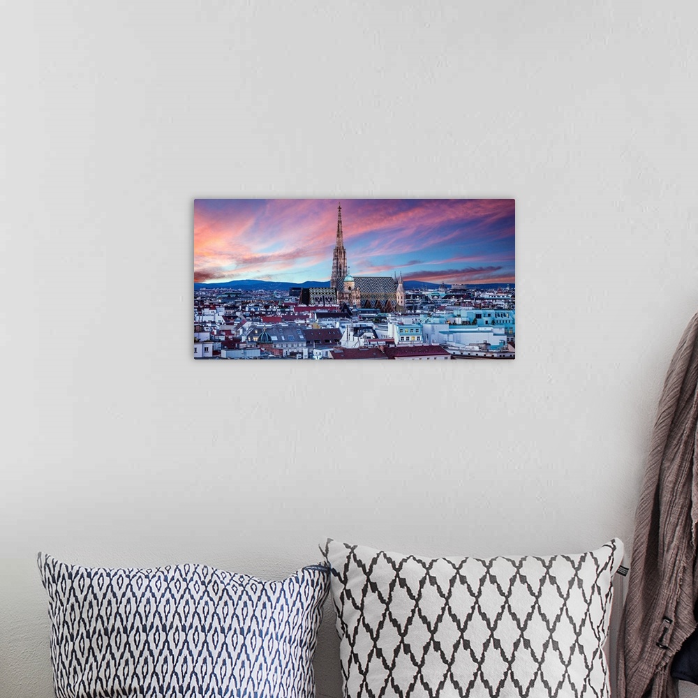 A bohemian room featuring Stephansdom cathedral and city skyline, Vienna, Austria