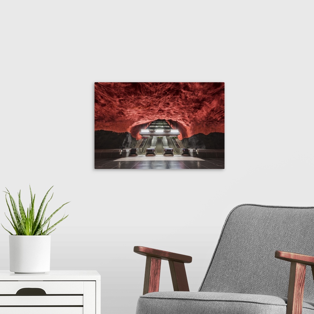 A modern room featuring Stockholm, Sweden, Northern Europe. Decorated underground metro station.