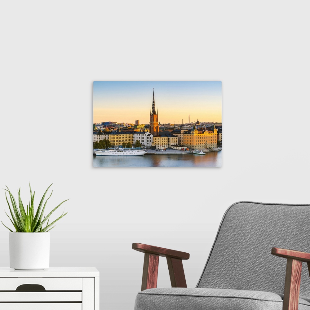 A modern room featuring Stockholm, Sweden, Northern Europe. High angle view over Riddarholmen and Riddarholmskyrkan (chur...