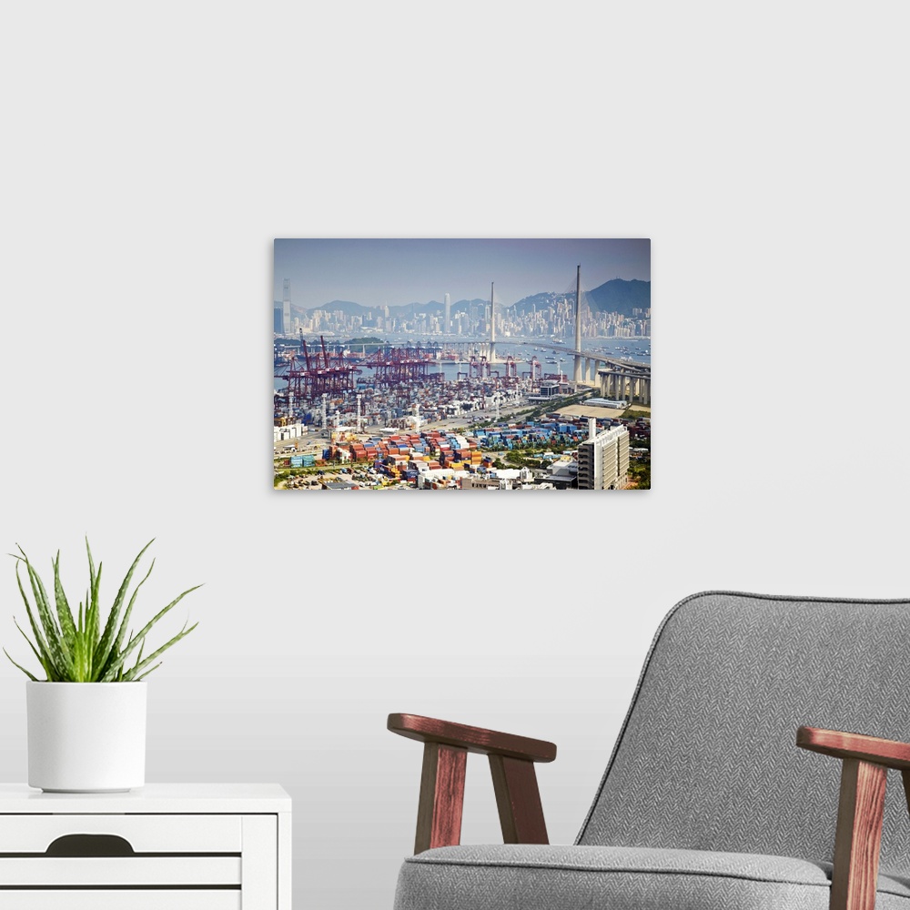 A modern room featuring View of Stonecutters Bridge with Hong Kong Island in background, Hong Kong, China