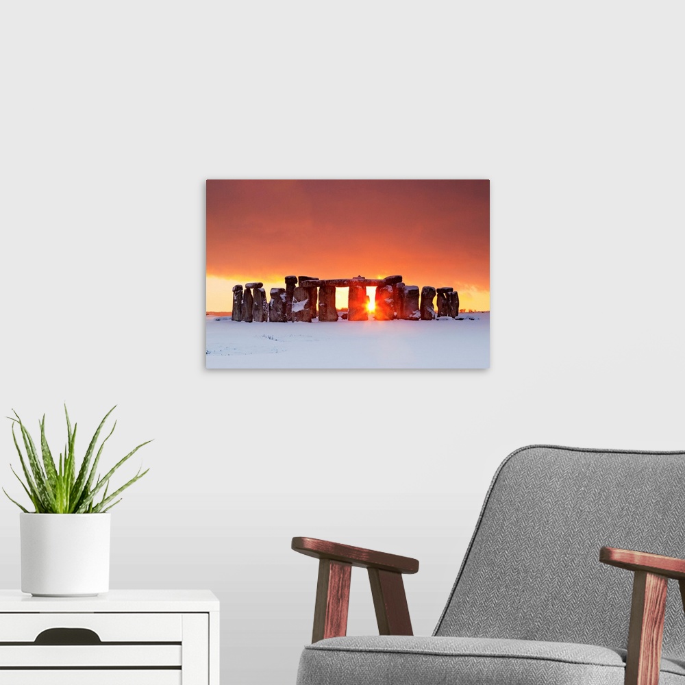 A modern room featuring Stonehenge At Sunset In Winter, Salisbury Plain, Wiltshire, England