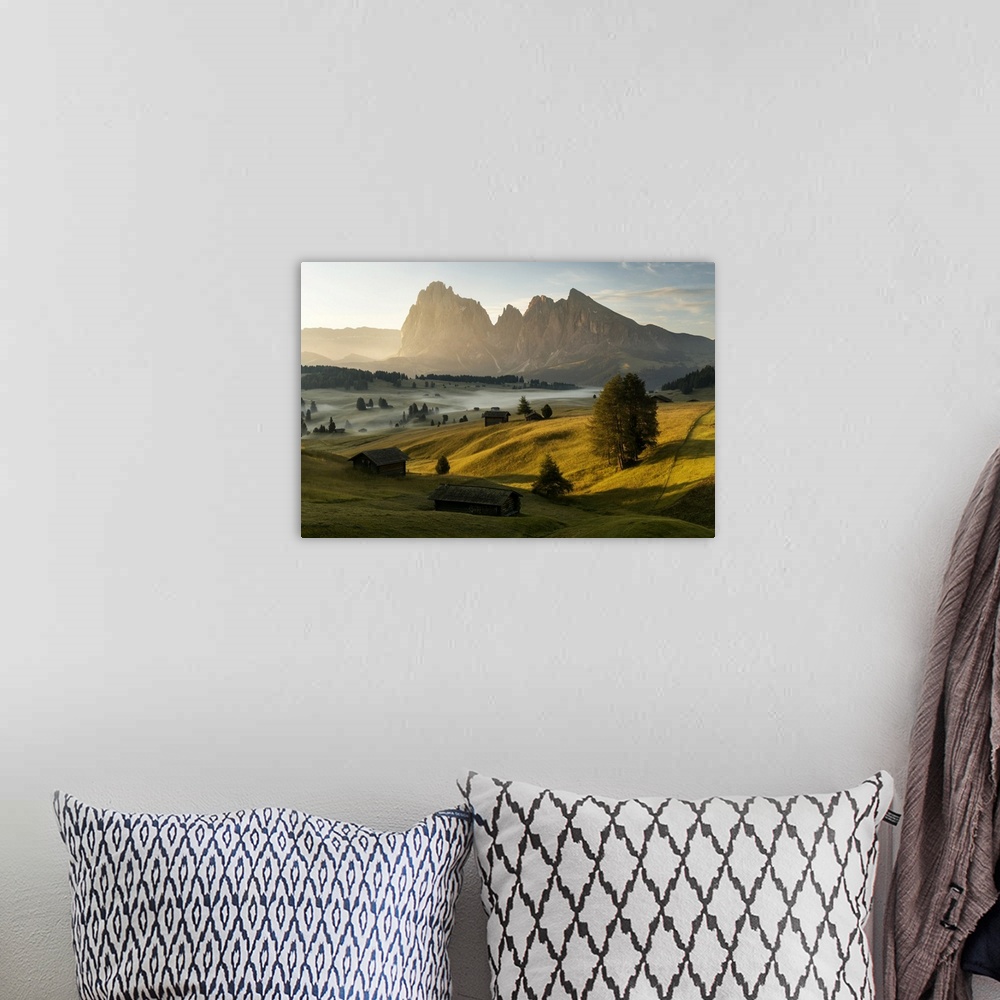 A bohemian room featuring Summer sunrise at the Alpe di Siusi (Seiser Alm) in the Dolomites, Italy