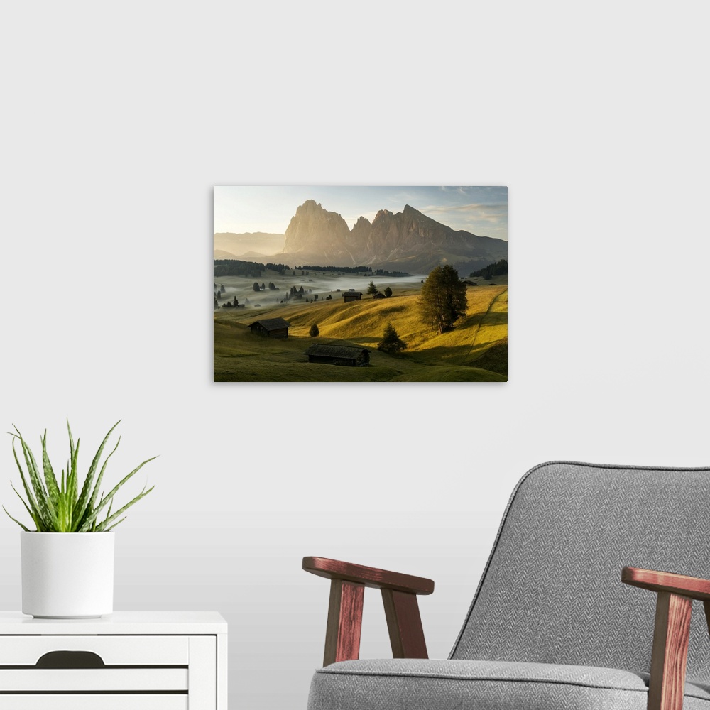 A modern room featuring Summer sunrise at the Alpe di Siusi (Seiser Alm) in the Dolomites, Italy