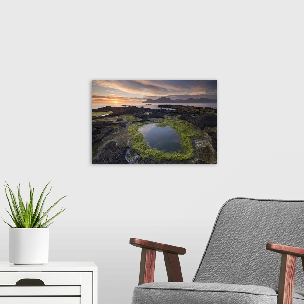 A modern room featuring Sunrise at Gjogv on the longest day of the year, Eysturoy, Faroe Islands, Denmark. Summer (June) ...