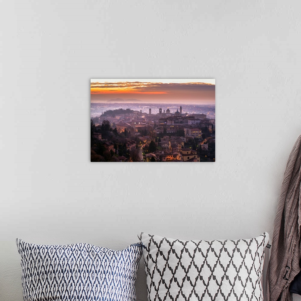 A bohemian room featuring Sunrise in Citta Alta, Bergamo, Bergamo province, Lombardy district, Italy, Europe.