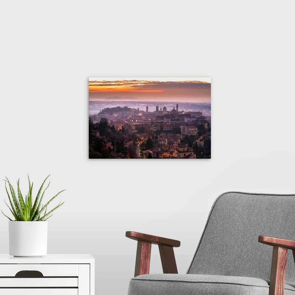 A modern room featuring Sunrise in Citta Alta, Bergamo, Bergamo province, Lombardy district, Italy, Europe.